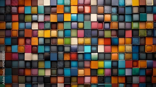 A vibrant mosaic of colorful squares arranged in a grid pattern, showcasing a variety of hues and textures.