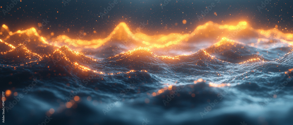 Fototapeta premium Golden light and blue waves form abstract mountains in flowing lines against a dark background
