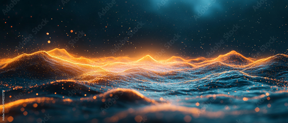 Fototapeta premium Golden light and blue waves form abstract mountains in flowing lines against a dark background