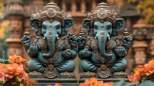 Intricately designed ganesha statues surrounded by vibrant flowers and intricate architecture