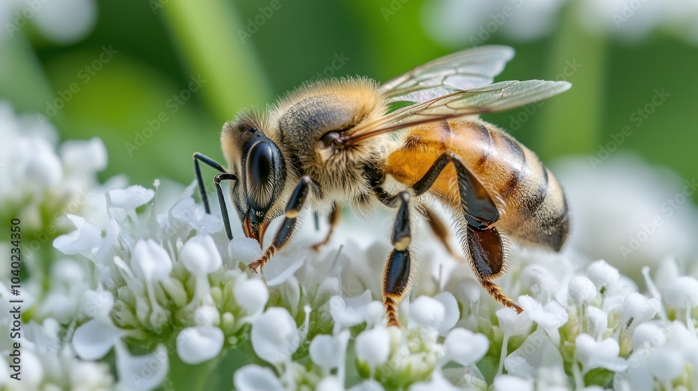 Honey Bee Collecting Pollen on a White Flower Honey Bee Collecting Pollen on a White Flower