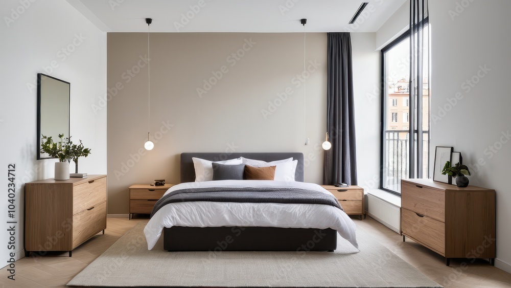Contemporary bedroom with a minimalist design, featuring a stylish bed, wooden nightstand, sleek wardrobe, modern chair, and large window for natural light.