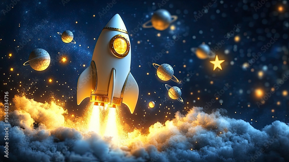 Rocket launching into space with planets and stars in the background Rocket launching into space with planets and stars in the background