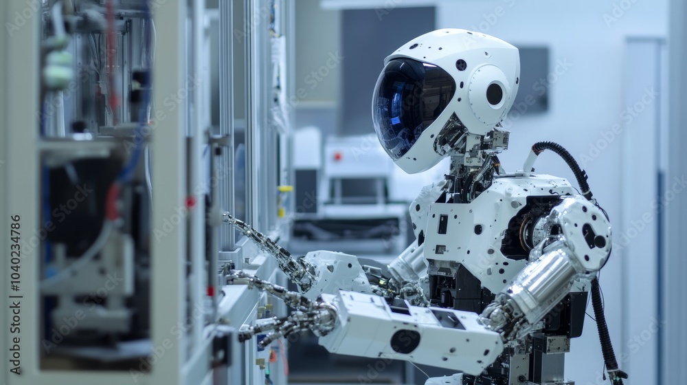 A robot performing complex tasks in a space exploration lab with zero-gravity simulation and advanced scientific equipment, Space tech style, photo of