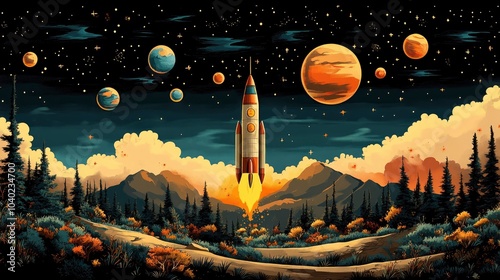 Journey through the cosmos: a rocket launching into a starry sky