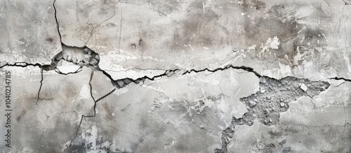 Vertical uneven crack in the wall post earthquake showcasing cracked concrete covered with gray mortar leaving room for a copy space image
