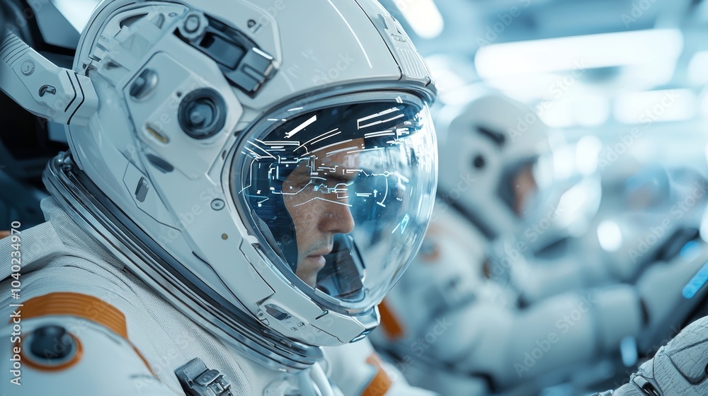 Fototapeta premium Astronauts inside a futuristic spacecraft cockpit, controlling the spacecraft navigation, stock photo style