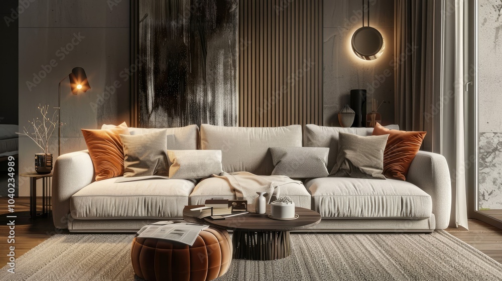 Fototapeta premium 3D rendering of cozy living room with comfortable sofa and warm lighting