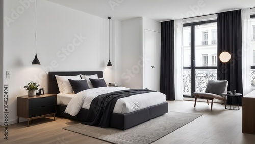 Contemporary bedroom with a minimalist design, featuring a stylish bed, wooden nightstand, sleek wardrobe, modern chair, and large window for natural light.