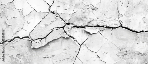 Vertical uneven crack in the wall post earthquake showcasing cracked concrete covered with gray mortar leaving room for a copy space image photo