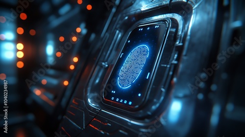 A fingerprint unlocking a smart door lock, glowing biometric patterns and access granted message, dark futuristic environment with blue neon highlights, sleek high-tech design, realistic reflections,