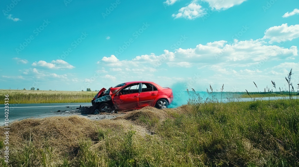 Severely damaged red car in countryside with smoke. Severely damaged red car in countryside with smoke.