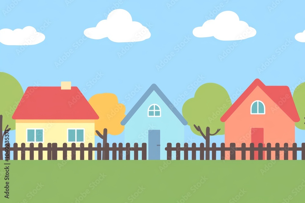 Colorful houses lined up with fences and trees under a bright sky on a sunny day Colorful houses lined up with fences and trees under a bright sky on a sunny day