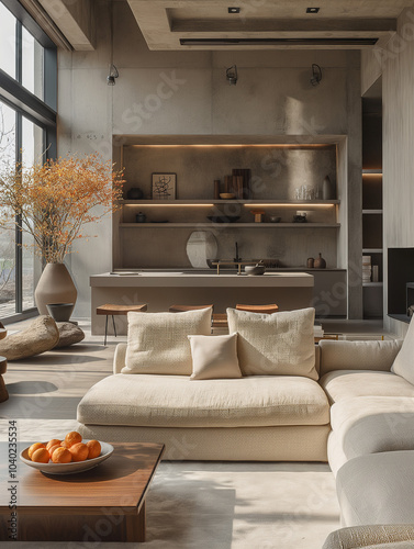 A spacious living area filled with natural light, highlighting neutral-toned sofas, a centerpiece table, and decorative accents, embodying minimalist luxury.