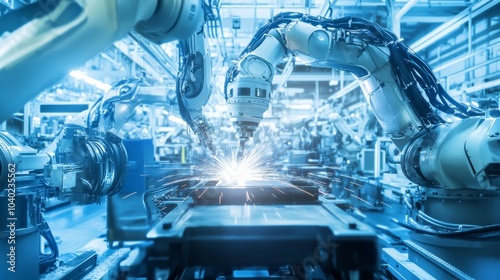 A robot performing complex welding tasks in a futuristic automotive factory with advanced welding robots and clean production lines, Automotive tech style, photo of