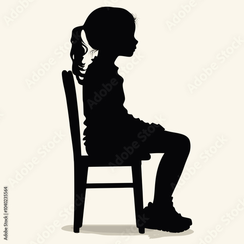 Vector art of a silhouette of a girl sitting on a chair with hands together, three quarters view
