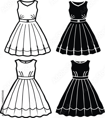 Set of A Line Dresses technical fashion illustration line art drawing style.