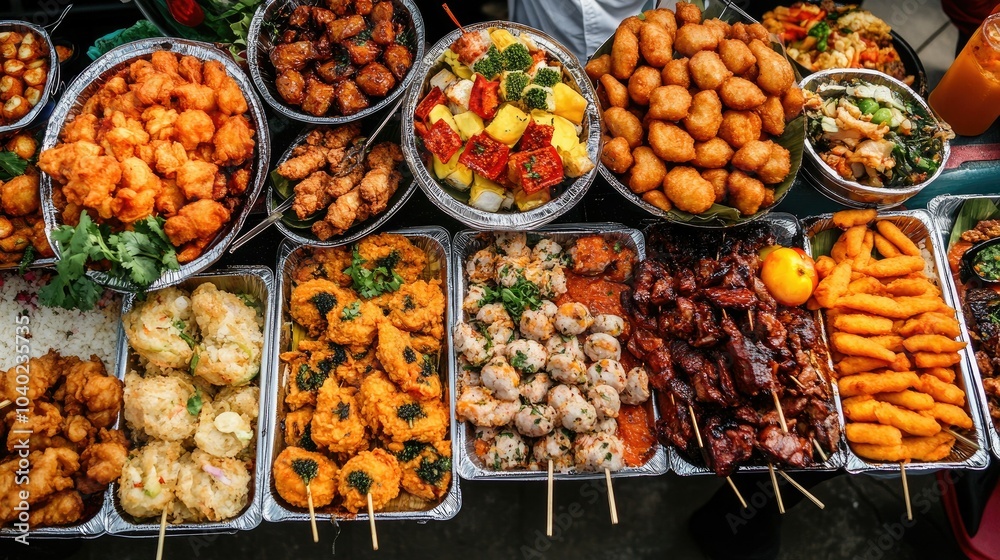 Top view of a colorful festival food spread, including BBQ and fried snacks, with room for branding Top view of a colorful festival food spread, including BBQ and fried snacks, with room for branding