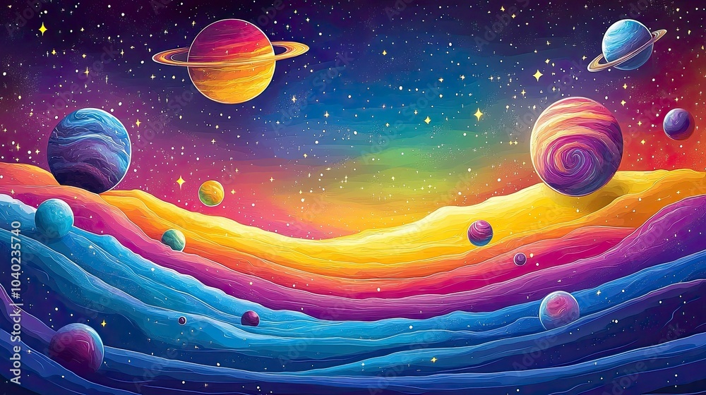 Fototapeta premium Vibrant cosmic landscape with colorful planets and starry sky