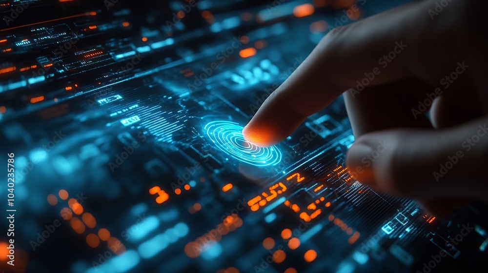 A futuristic cloud storage interface being accessed with a fingerprint scan, glowing data streams and cloud icons, dark background with ambient blue lighting, sleek modern design, A futuristic cloud storage interface being accessed with a fingerprint scan, glowing data streams and cloud icons, dark background with ambient blue lighting, sleek modern design,