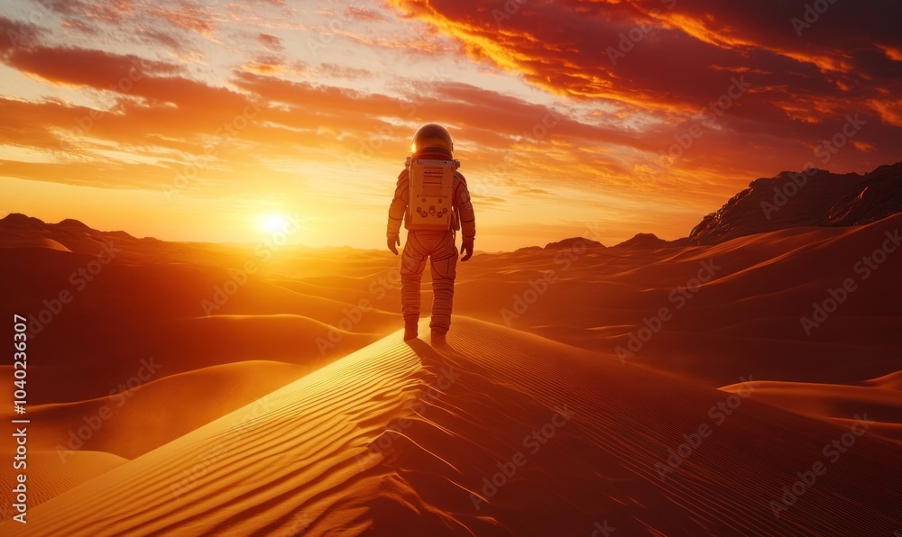 Astronaut in Desert Sunset Landscape Adventure Astronaut in Desert Sunset Landscape Adventure