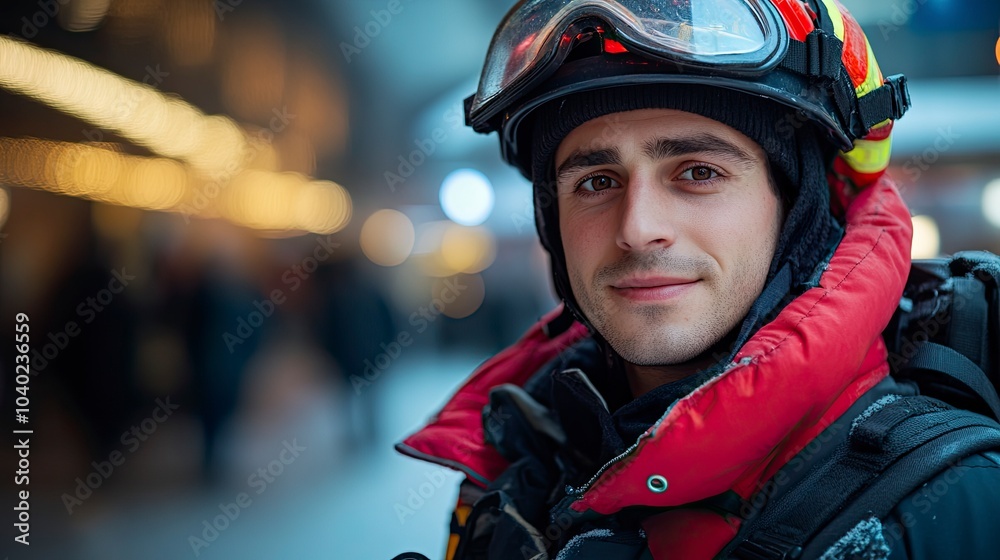 Young firefighter smiling in winter gear standing in urban setting Young firefighter smiling in winter gear standing in urban setting