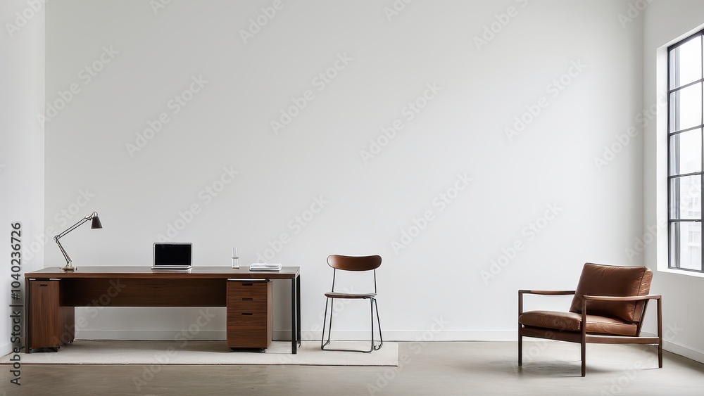 A minimal office features a wooden desk, black chair, beige armchair, and a side table with a modern lamp under soft, natural lighting from a large window. A minimal office features a wooden desk, black chair, beige armchair, and a side table with a modern lamp under soft, natural lighting from a large window.