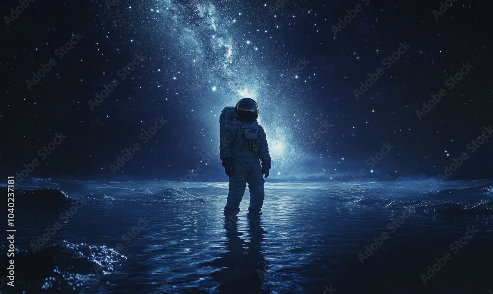 Fototapeta premium Astronaut in a Starry Night Reflective Space Landscape