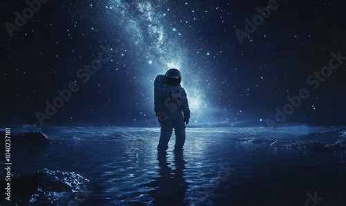 Astronaut in a Starry Night Reflective Space Landscape photo