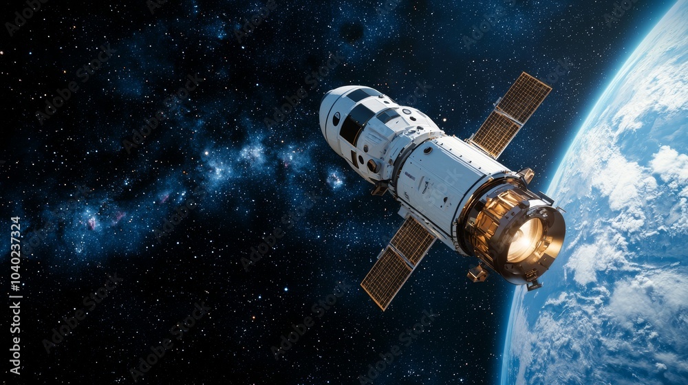 Fototapeta premium Spacecraft traveling through a nebula, bright cosmic dust and stars, stock photo style