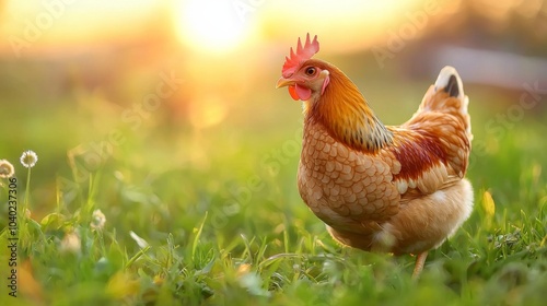 A bright sunset casts a warm glow on a hen searching for food in a lush green field, showcasing the beauty of rural life.