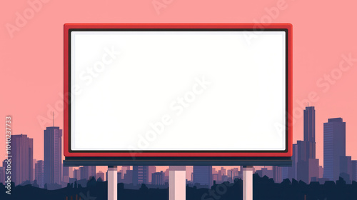 Urban Billboard Display, a minimalist flat design illustration showcasing an empty billboard against a vibrant city backdrop, highlighting the potential for advertising creativity.
