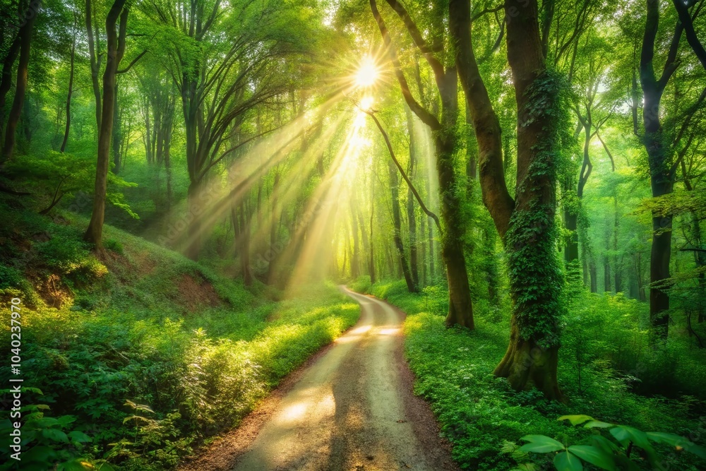 Obraz premium Serene Long Exposure of Sunlit Winding Dirt Path in Lush Green Forest