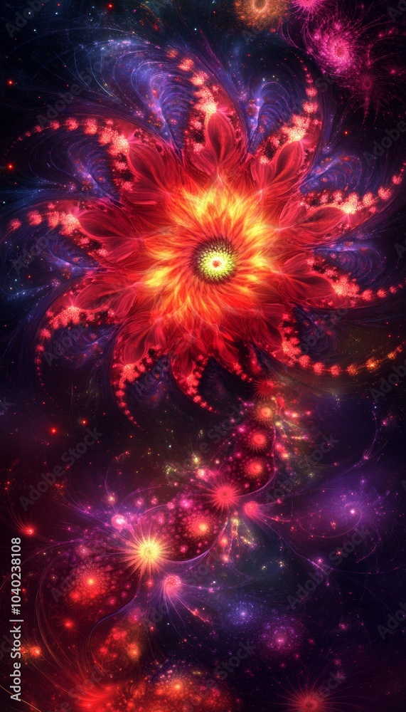 Abstract fractal art with a glowing red flower and intricate patterns, resembling a cosmic galaxy. Abstract fractal art with a glowing red flower and intricate patterns, resembling a cosmic galaxy.