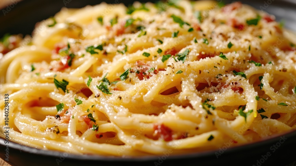 Close up of a plate of Spaghetti Carbonara with Parmesan Cheese and Parsley Close up of a plate of Spaghetti Carbonara with Parmesan Cheese and Parsley