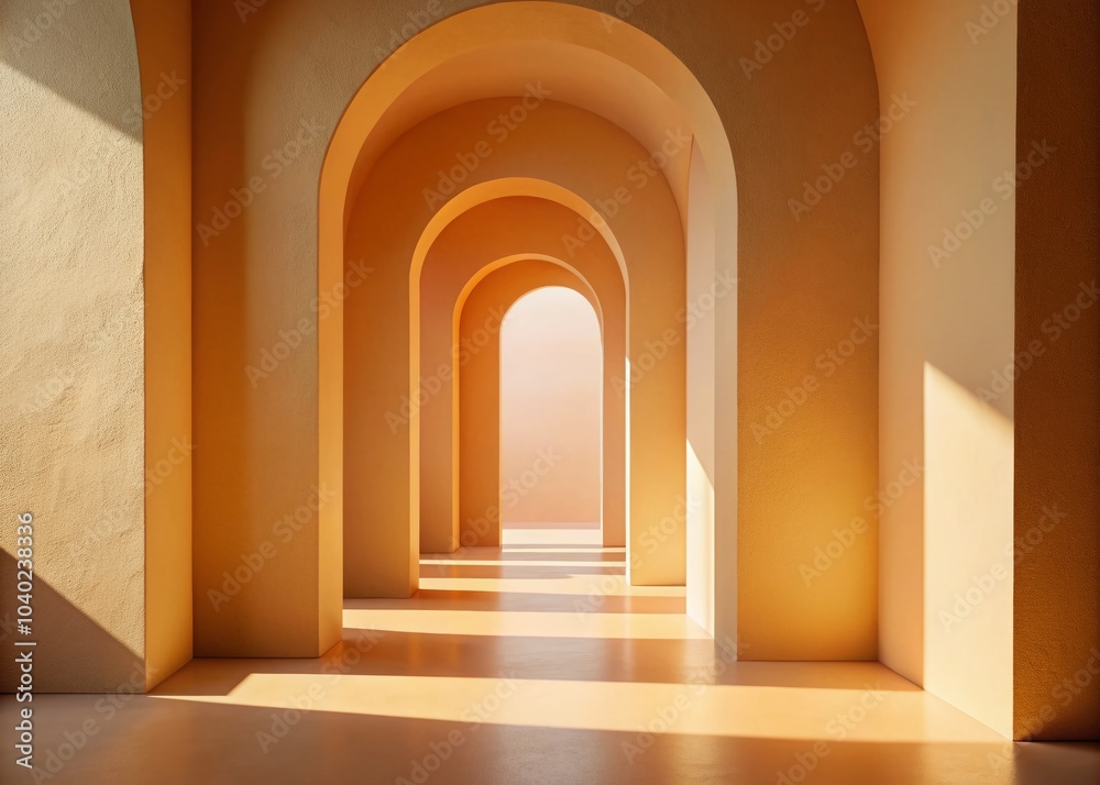 Serene Minimalist Architecture with Elegant Arches and Soft Orange Hues for Tranquil Spaces Serene Minimalist Architecture with Elegant Arches and Soft Orange Hues for Tranquil Spaces