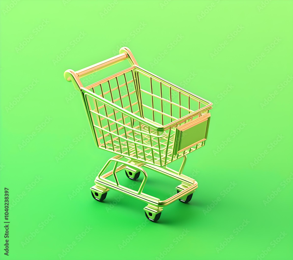 A gleaming gold shopping cart set against a vibrant green background, symbolizing luxury, online shopping, and consumerism.