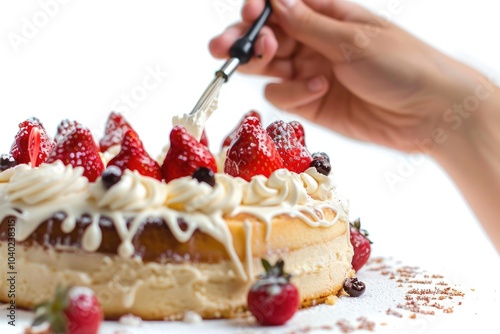 A person slicing a cake with a knife, perfect for food and celebration images photo