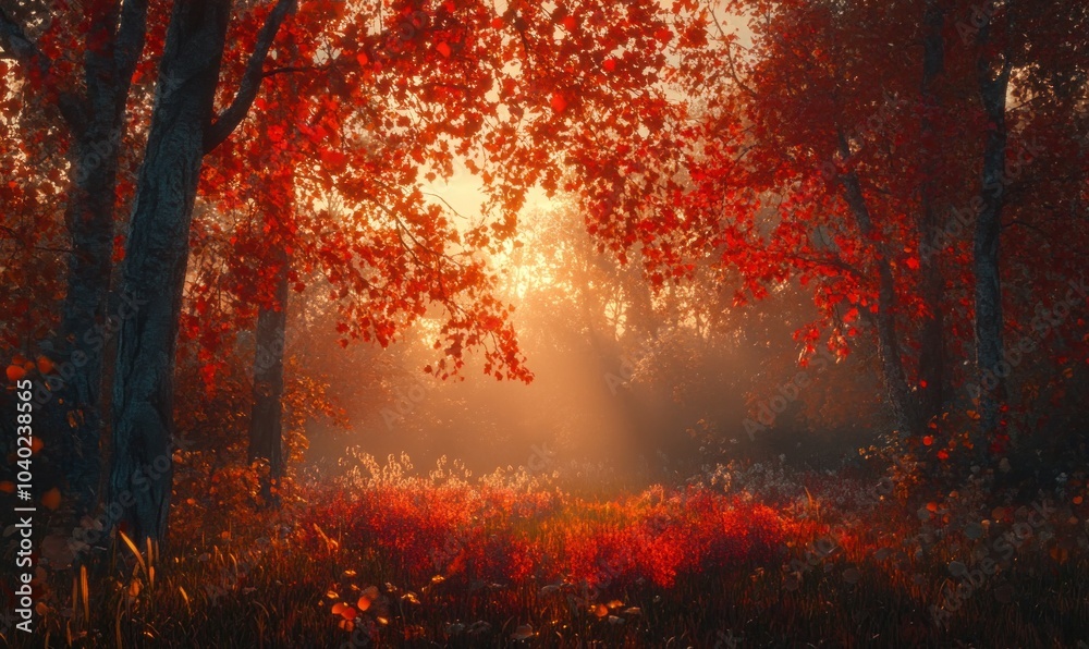 Serene Autumn Forest with Sunlight Streaming Through Trees Serene Autumn Forest with Sunlight Streaming Through Trees