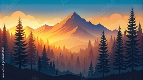 Serene Mountain Landscape with Forest Silhouette for Tourism Backgrounds and Design Templates
