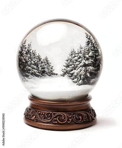 lassic Snow Globe with Winter Wonderland Scene of Snow-Covered Trees and Mountains – Perfect for Holiday Themes, Christmas Designs, and Seasonal Decor photo