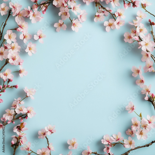 Cherry blossom flower border frame on blue background