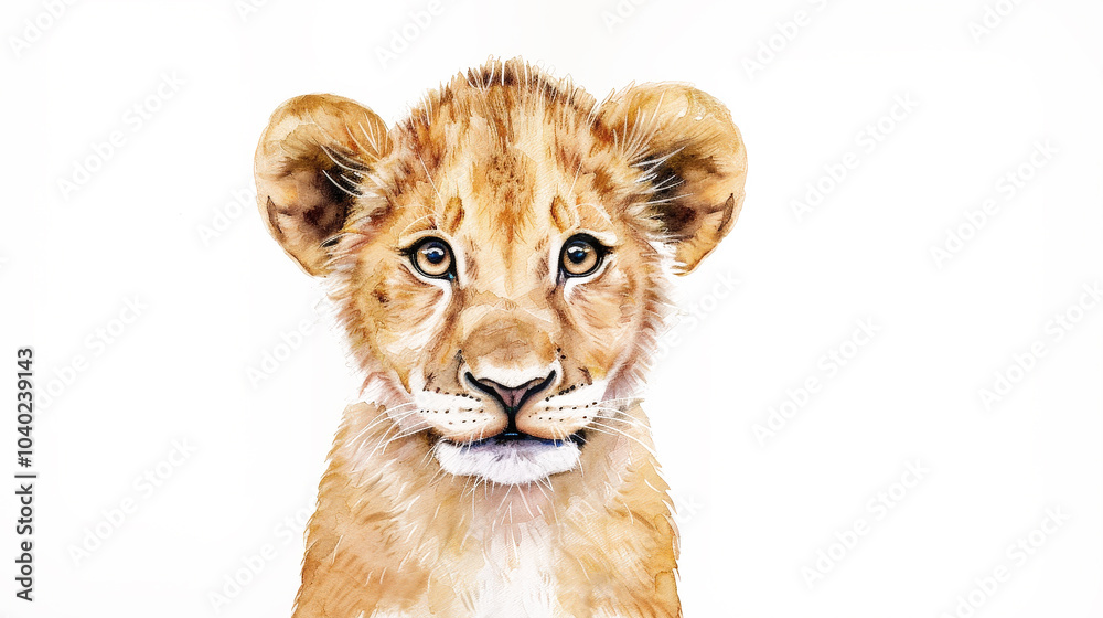 Obraz premium Charming Baby Lion Illustration, adorable and friendly expression, large eyes, small mane, perfect for nursery decoration, ample space for text, isolated on white background.