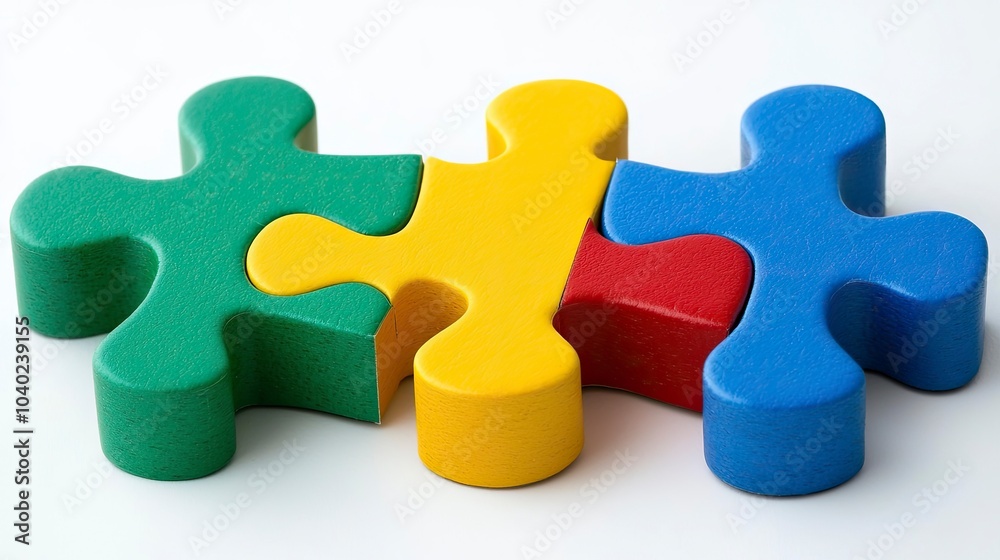 Colorful puzzle pieces arranged on a white background