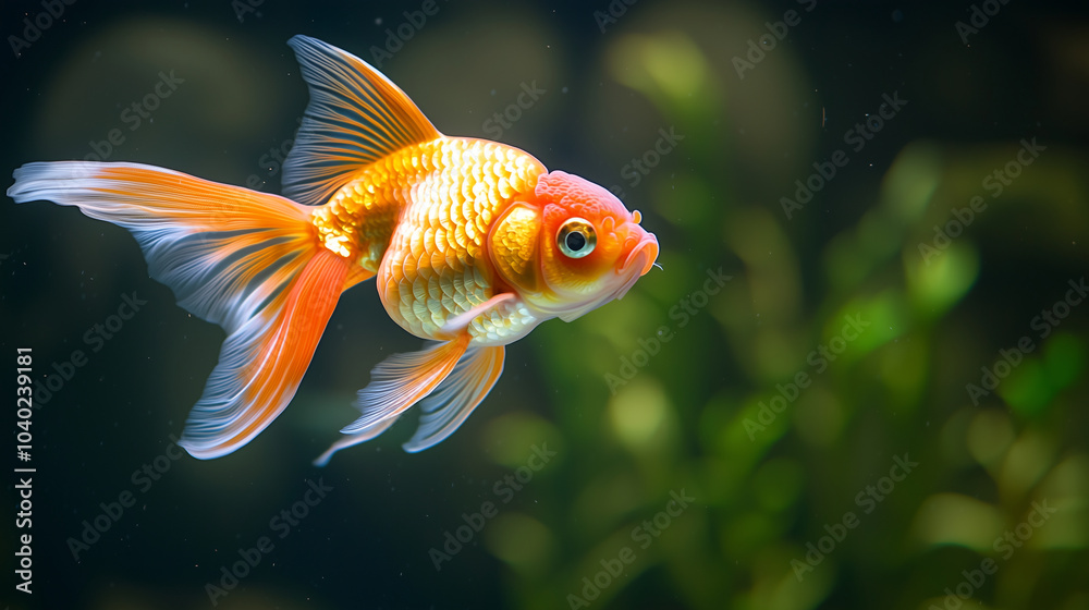 A detailed view of an Oranda goldfish in an aquarium setting, focusing on its unique rounded head and flowing fins, capturing the serene atmosphere of an aquatic environment. photo A detailed view of an Oranda goldfish in an aquarium setting, focusing on its unique rounded head and flowing fins, capturing the serene atmosphere of an aquatic environment. photo