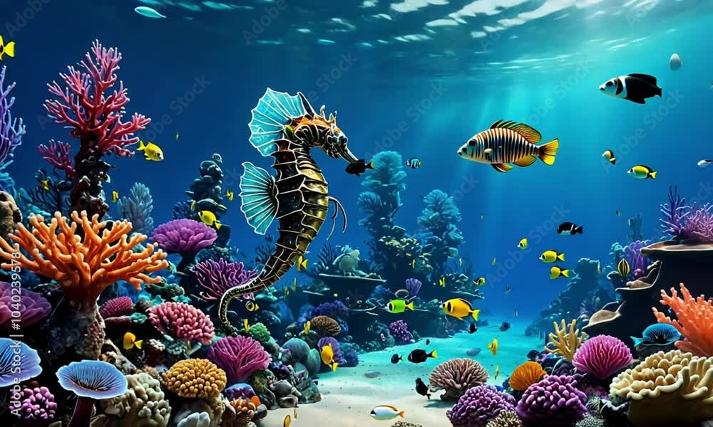 A vibrant underwater scene with a seahorse, colorful coral reefs, and tropical fish swimming in a clear blue ocean