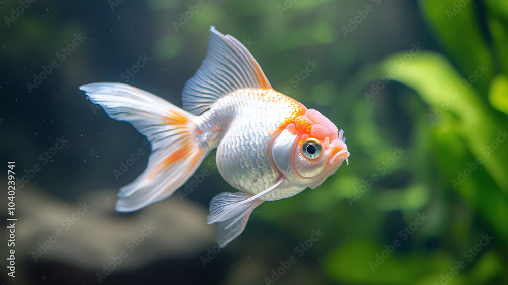 A close-up image of a vibrant Oranda goldfish swimming gracefully in an aquarium fish tank, showcasing its distinctive features and colorful fins, highlighting the beauty of this p A close-up image of a vibrant Oranda goldfish swimming gracefully in an aquarium fish tank, showcasing its distinctive features and colorful fins, highlighting the beauty of this p