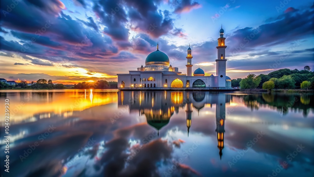 Naklejka premium Serene Reflection of Assalam Mosque at Blue Hour with Soft Focus and Motion Blur