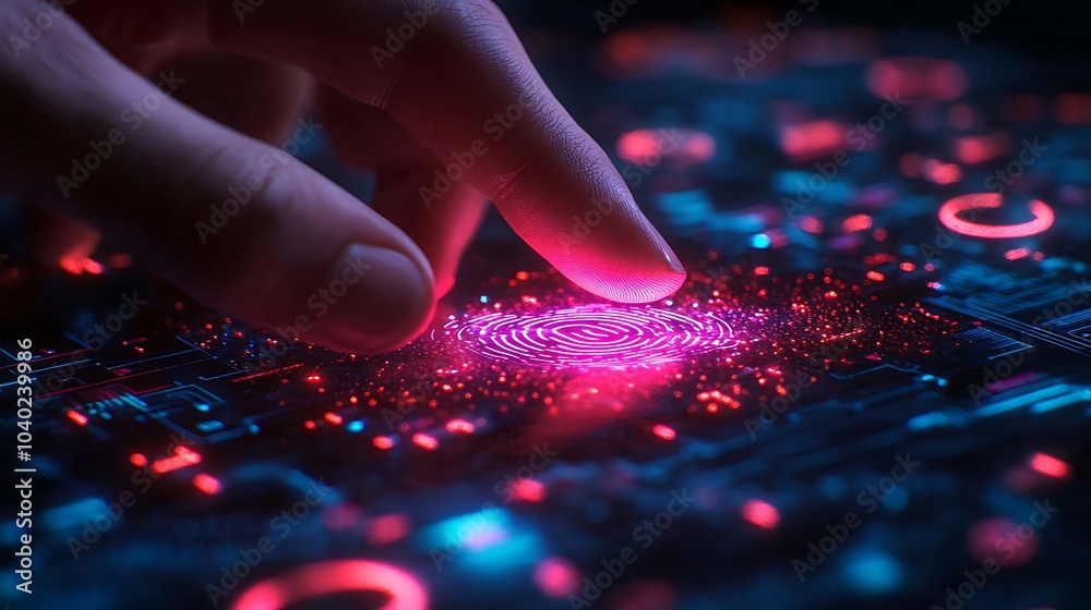 A hand pressing a futuristic fingerprint scanner, holographic encryption symbols floating around, glowing digital interface, dimly lit background with subtle reflections, cyber security theme,