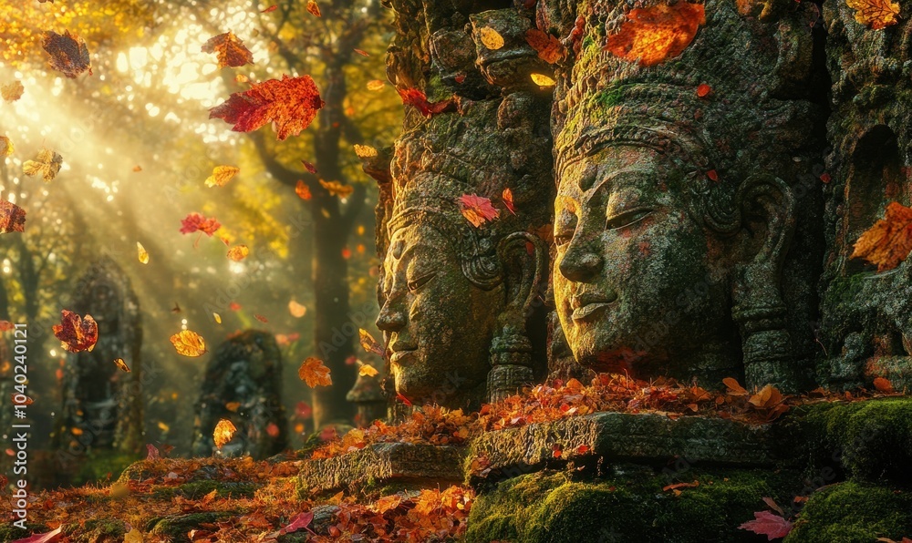Fototapeta premium Ancient Statues in Autumnal Forest Light